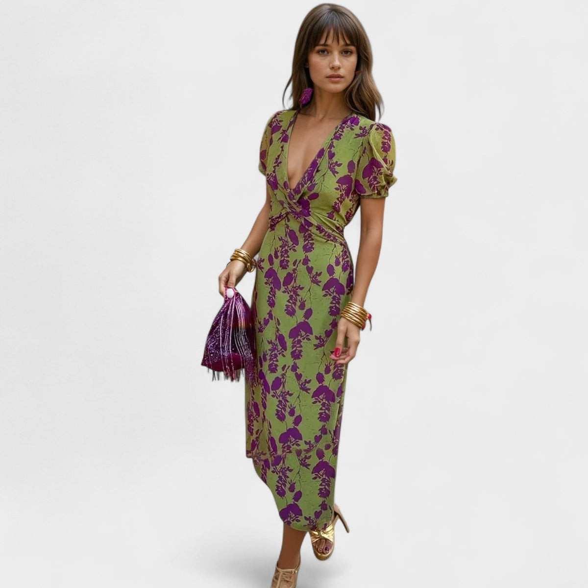 Floral V-Neck Puff Sleeve Twist Front Midi Dress