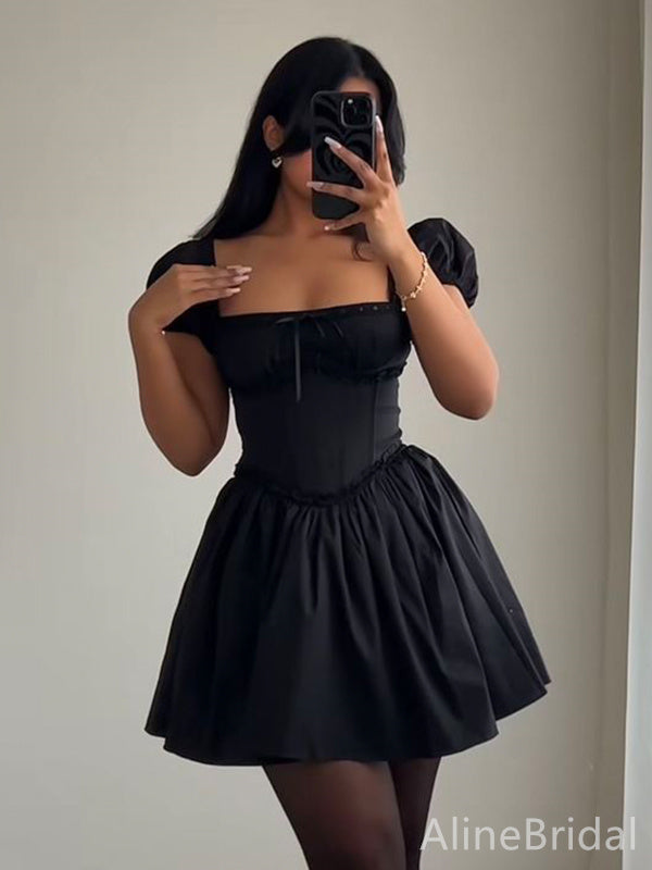 Square Neck Puff Sleeve Corset Bodice A-Line Mini Homecoming Dress