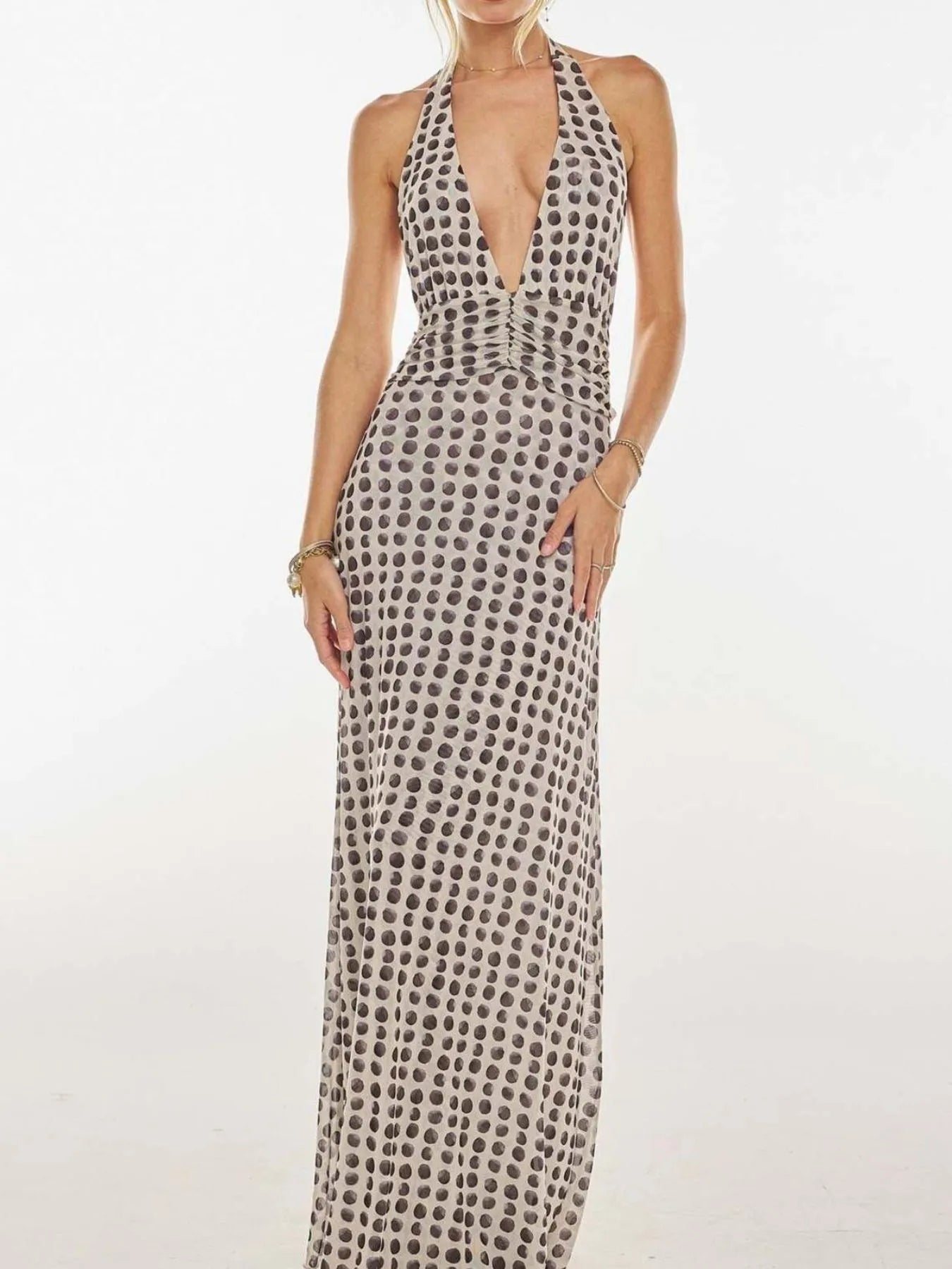 Floral Halter Neck Deep V-Neck Ruched Maxi Dress 7