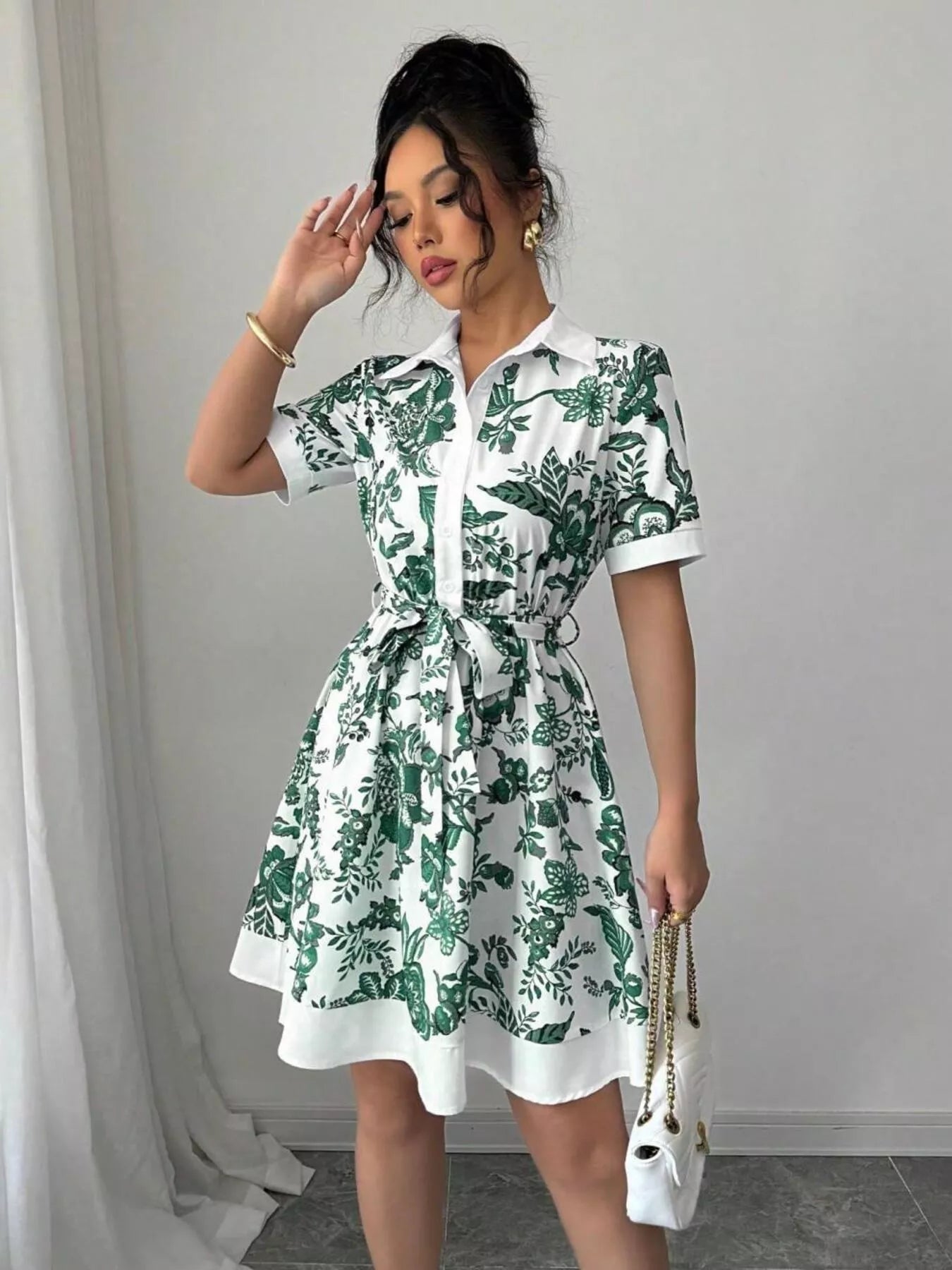 Floral Print Button-Front Shirt Dress – Casual Collared Mini Dress for Women Green