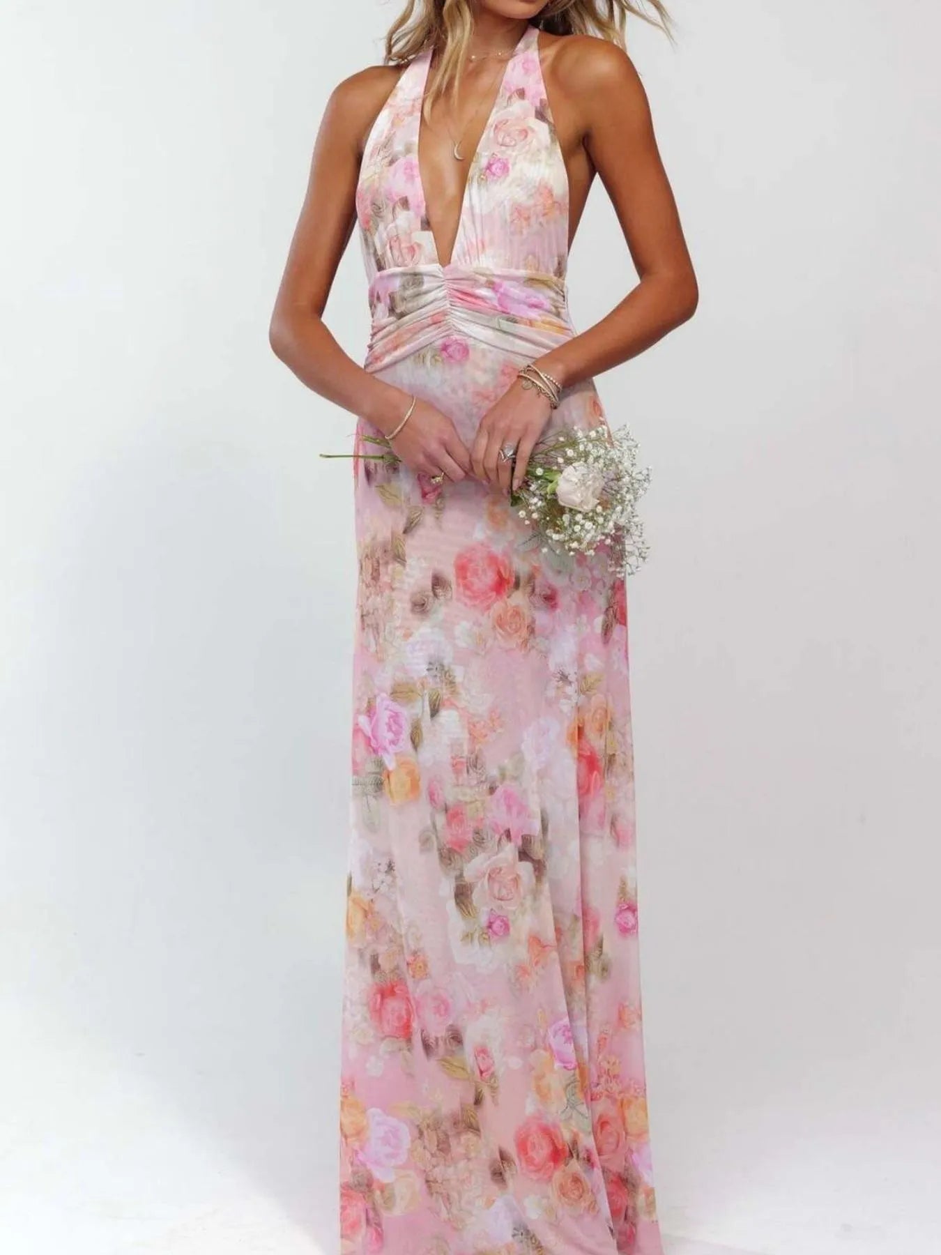 Floral Halter Neck Deep V-Neck Ruched Maxi Dress