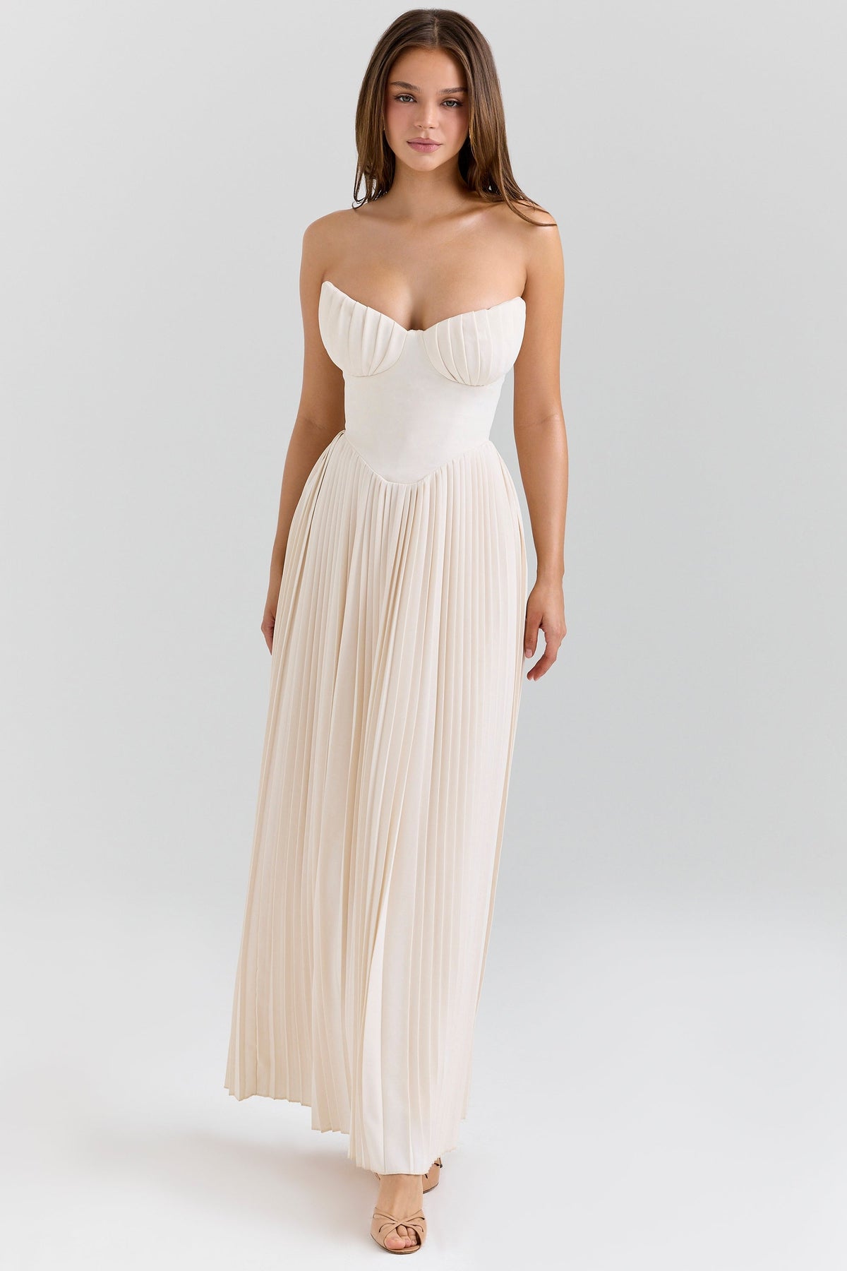Strapless Sweetheart Bustier Pleated A-Line Maxi Dress