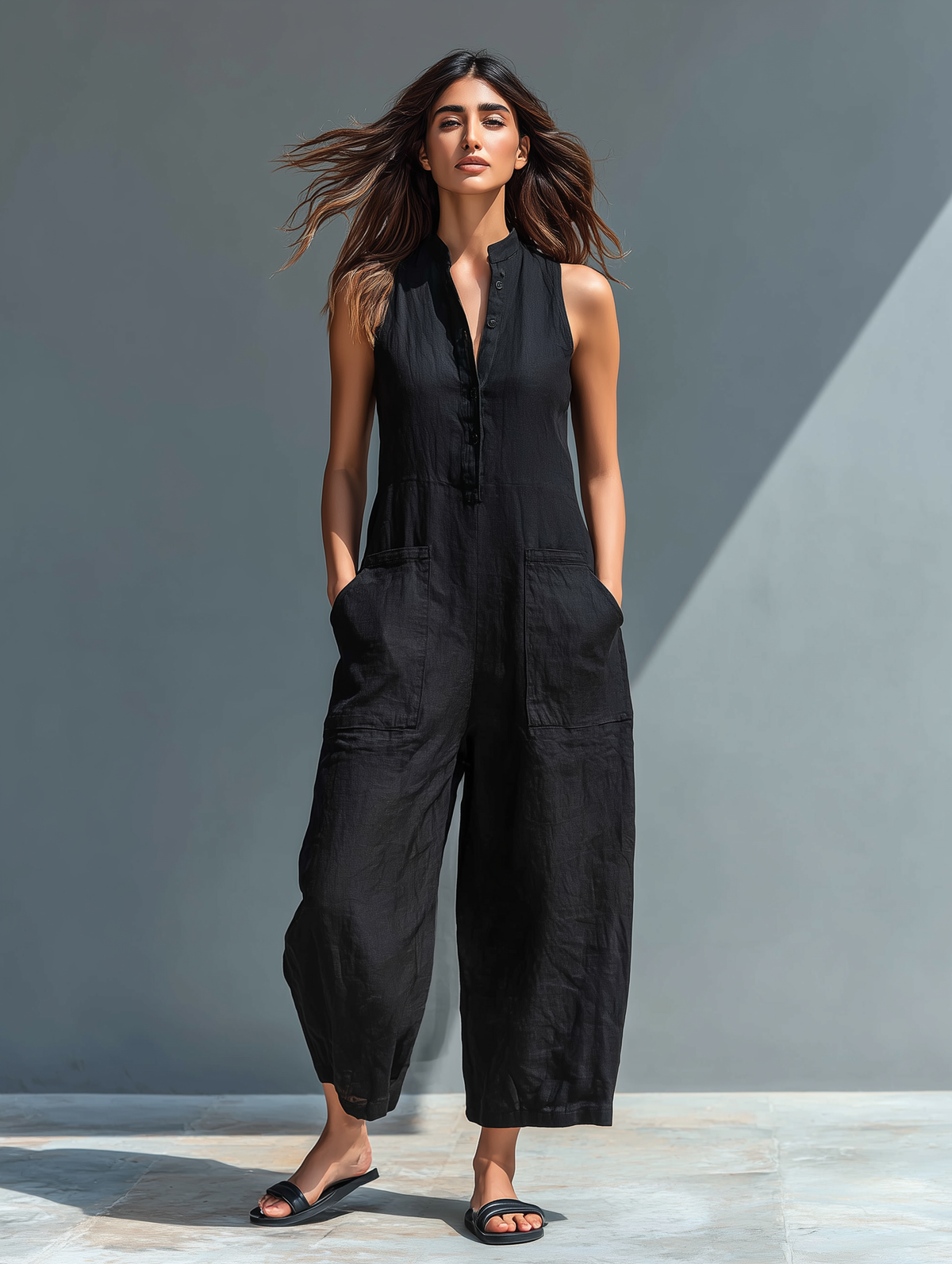 Sleeveless Button Front Pocket Wide Leg Jumpsuit