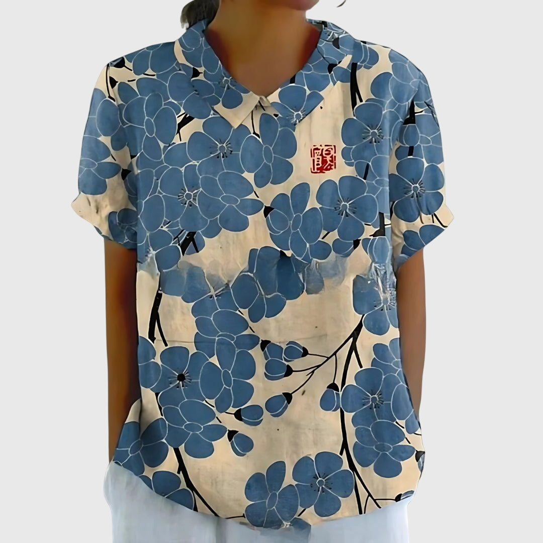 Floral Print Notch Neck Short Sleeve Linen Blouse 4