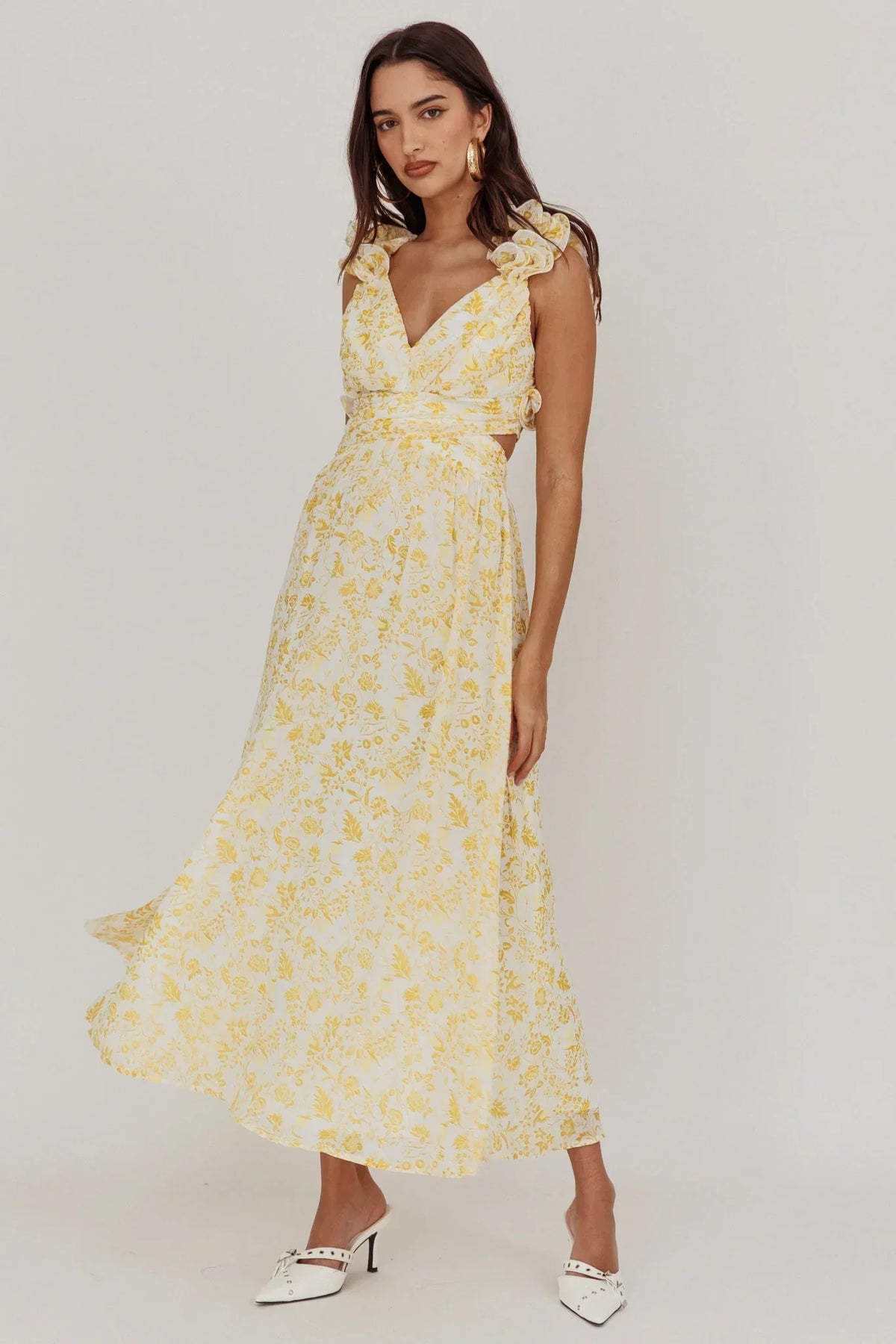 Floral Print V-Neck Ruffle Strap Side Cut Out Maxi Dress