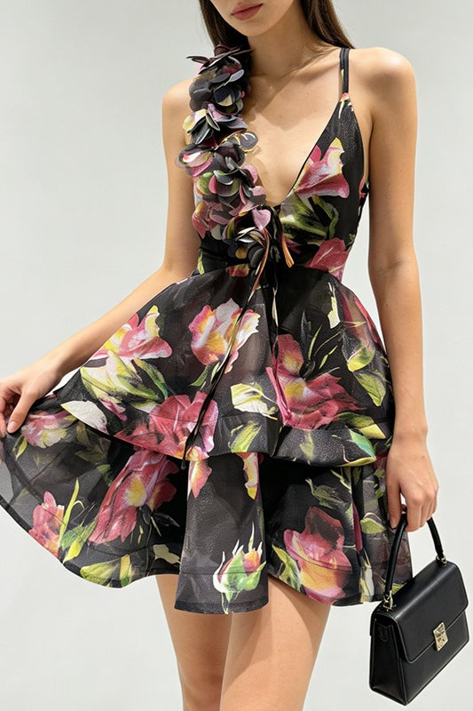Floral Deep V-Neck Spaghetti Strap Tiered Ruffle Corset Mini Dress