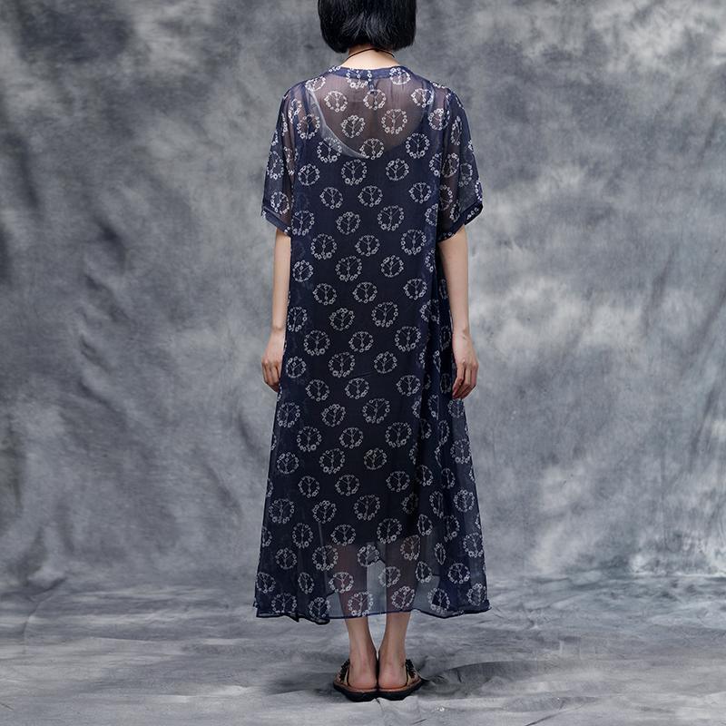Peace Sign Print Henley Neck Short Sleeve Drawstring Chiffon Layered Maxi Dress