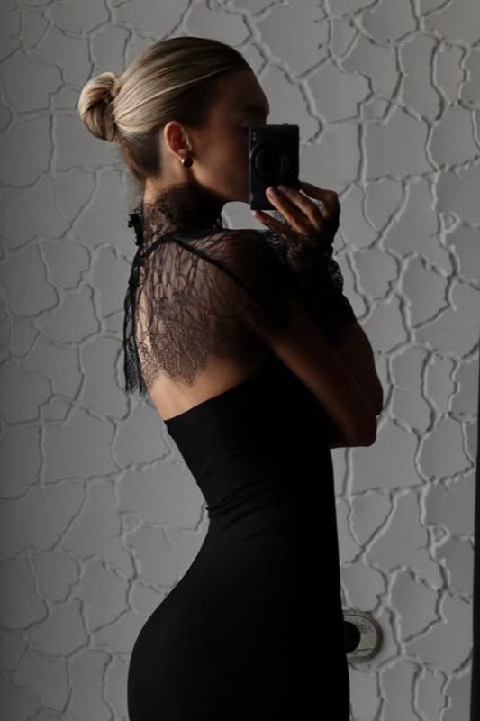 Black Strapless Lace Bodycon Maxi Lace Dress