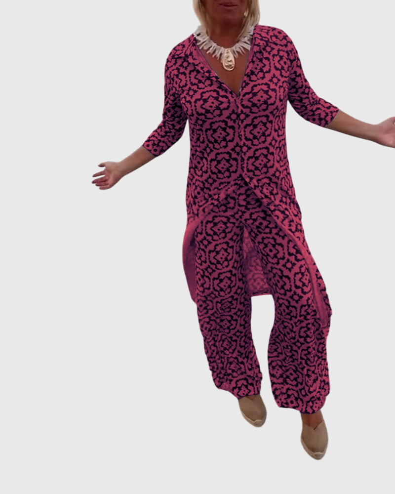 Medallion Print Collared Half Sleeve Tunic and Wide Leg Pants Two Piece Set