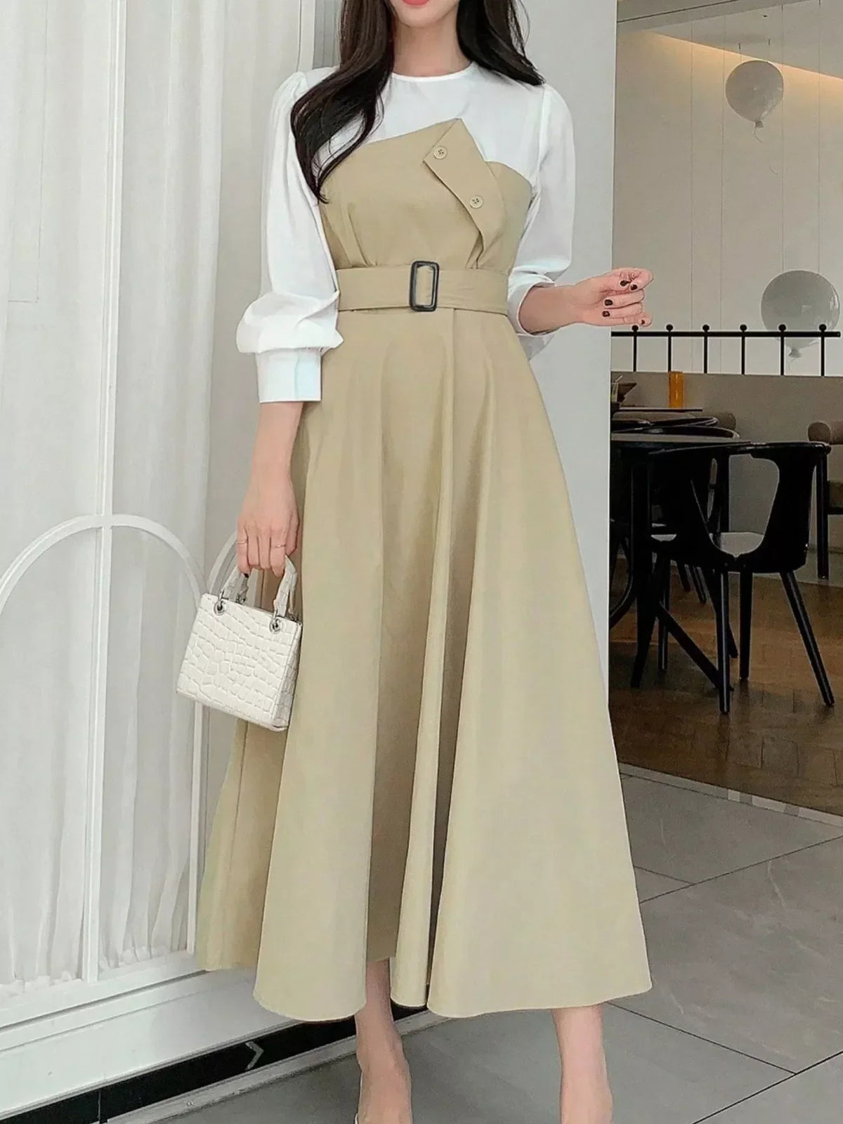 Contrast Long Sleeve Asymmetric Button Bodice Belted A-Line Midi Dress 3