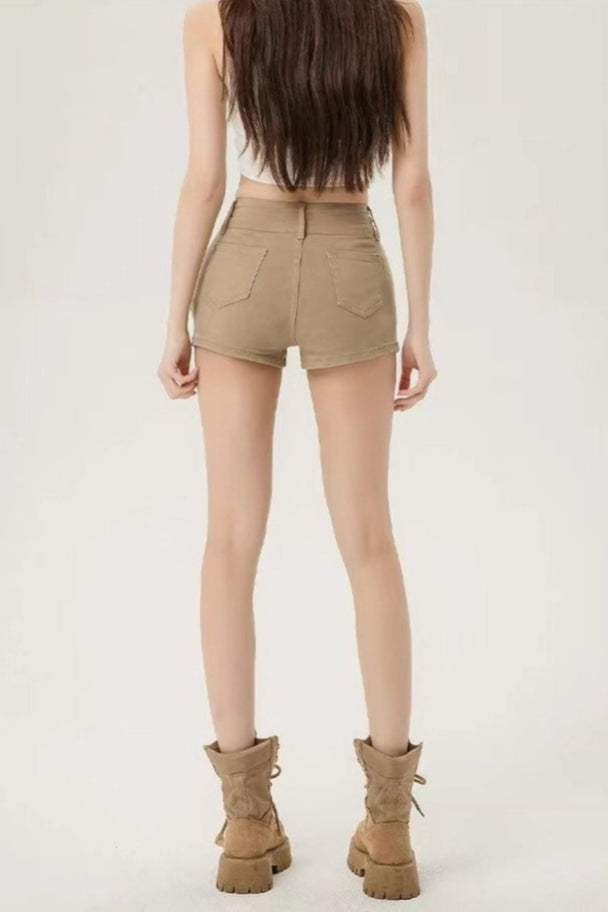 High Rise Curvy Fit Khaki Denim Shorts