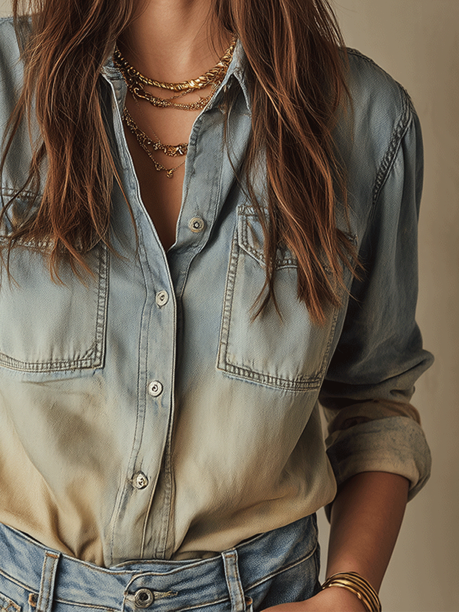 Casual Retro Light Wash Gradient Denim Shirt