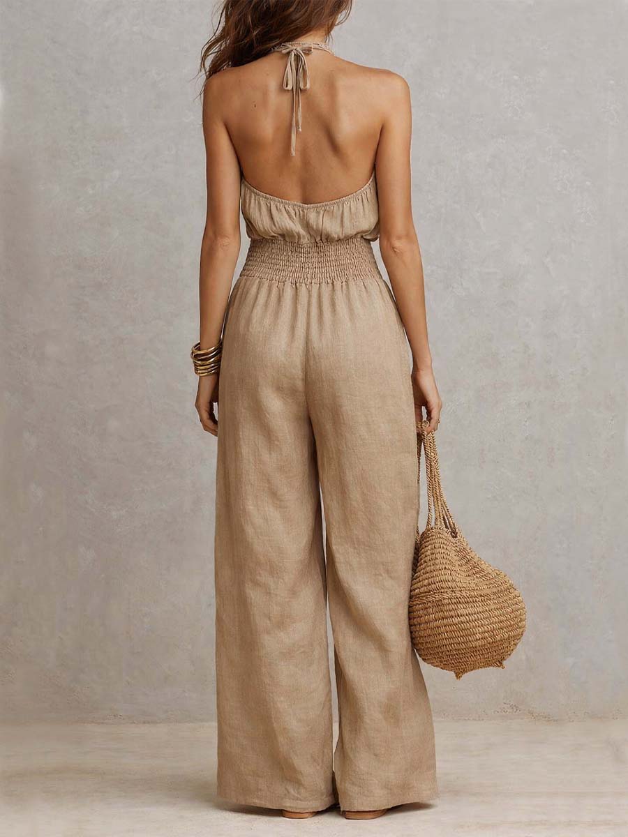 Halter Neck Smocked Waist Wide Leg Jumpsuit