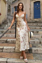 Lace Satin Panel V Neck Floral A Line Maxi Slip Dress