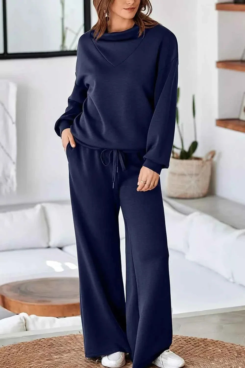 Cowl Neck Long Sleeve Pullover and Drawstring Wide Leg Pants Two Piece Set