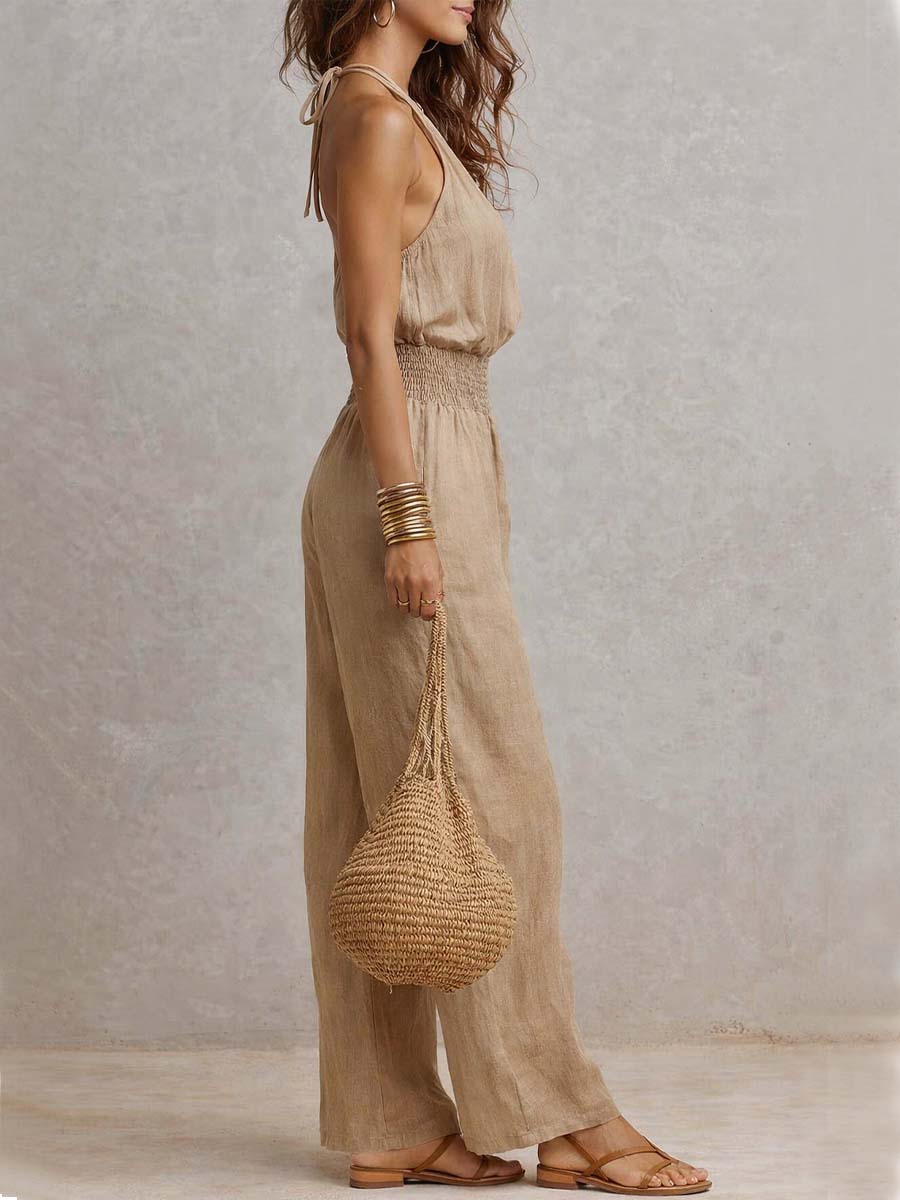 Halter Neck Smocked Waist Wide Leg Jumpsuit