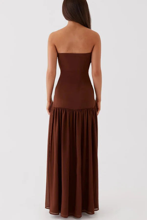 Strapless Drop Waist Gathered Skirt High Split Maxi Dress 11