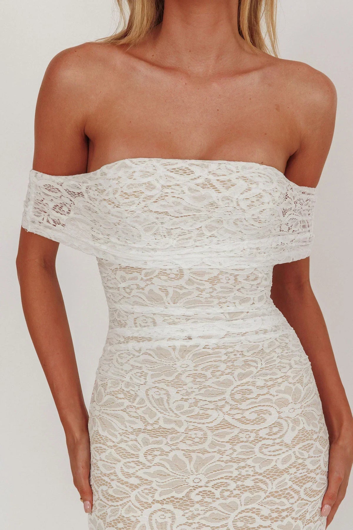 Lace Off Shoulder Fold Over Neckline Mermaid Maxi Dress 3
