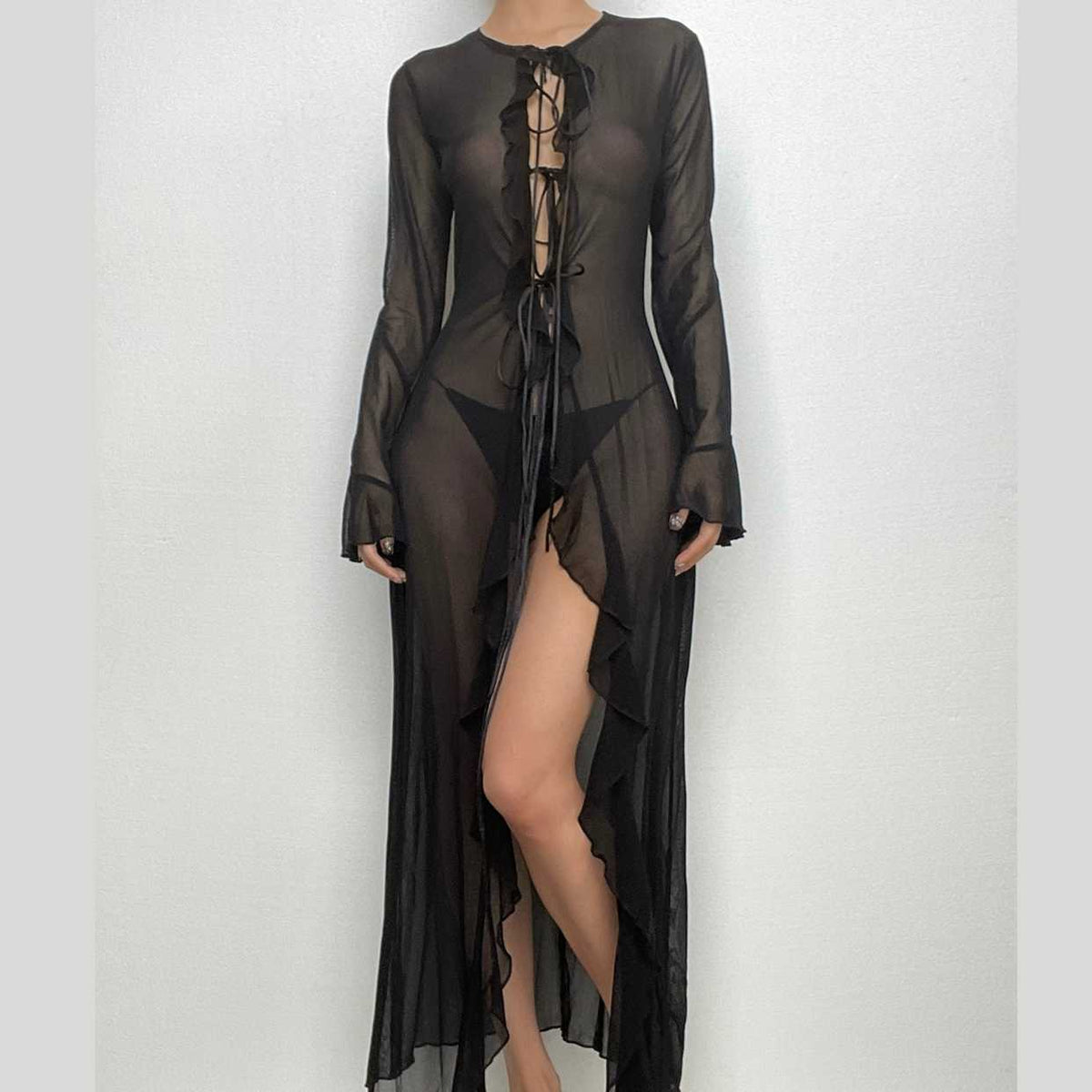 Sheer Mesh Tie Front Flared Sleeve Ruffle Trim Split Maxi Dress