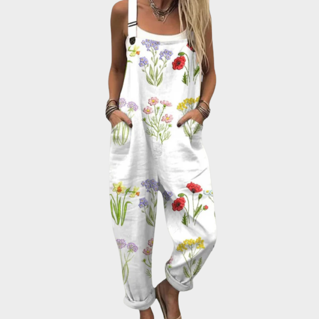 Floral Print Pocket Wide Leg Overall Jumpsuit