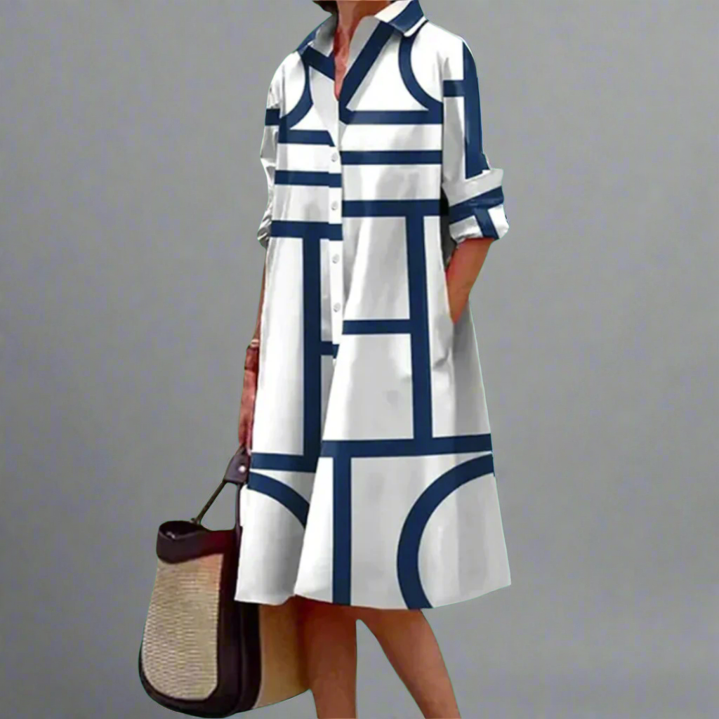 Cosima - Stylish Blue Geometric Stripe Midi Dress White