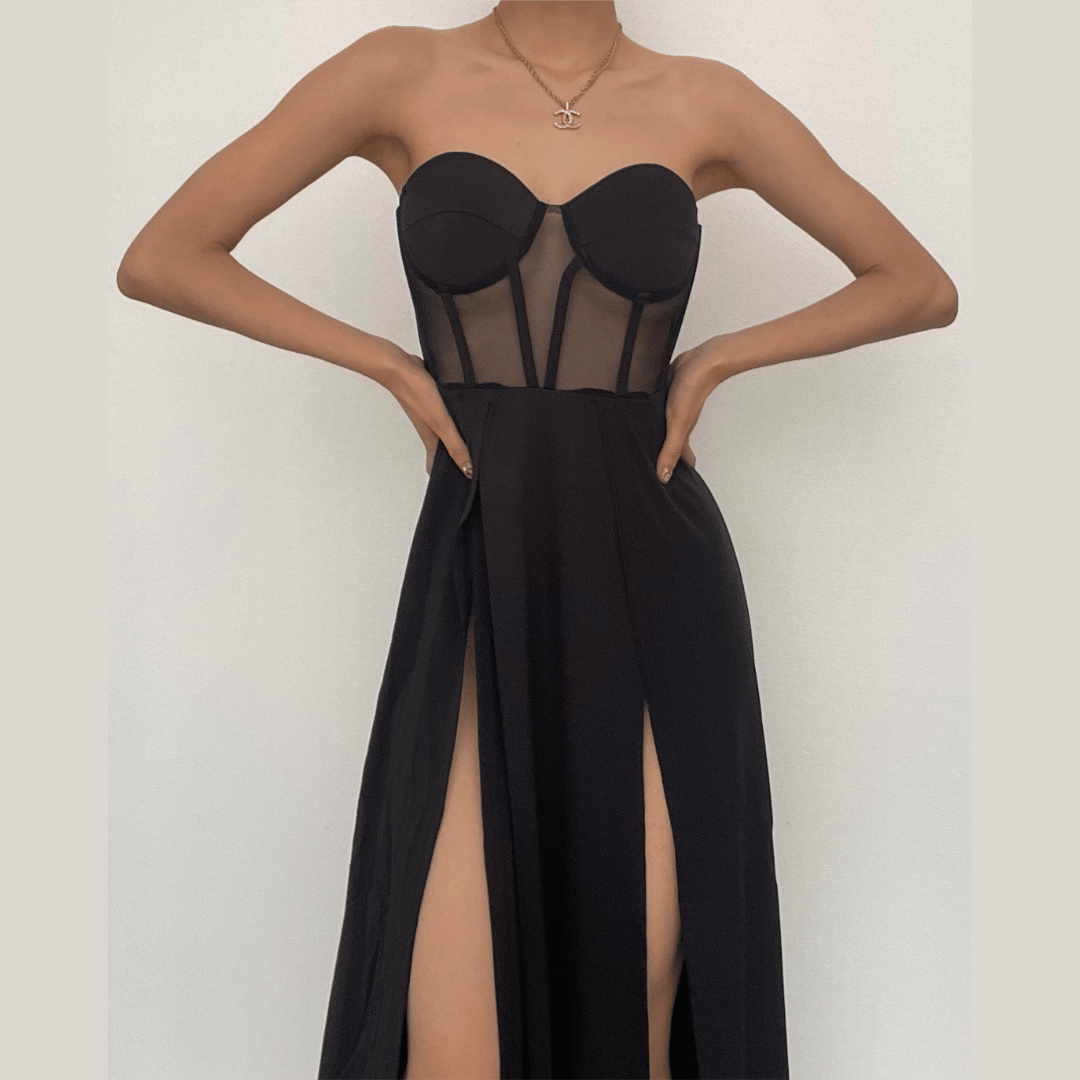 Strapless Sweetheart Mesh Corset Bodice Double High Split Maxi Dress