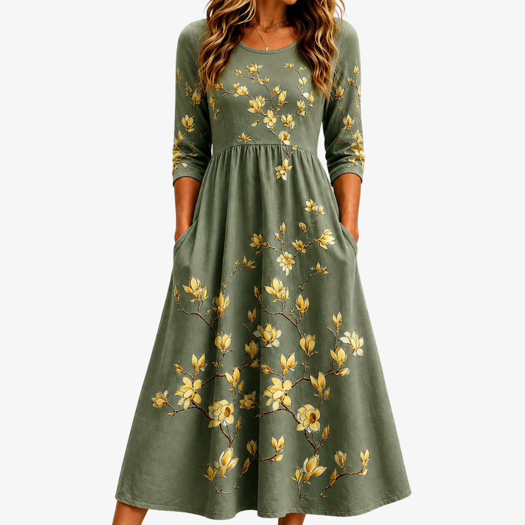 Floral Print Round Neck Three Quarter Sleeve Pocket Midi Dress