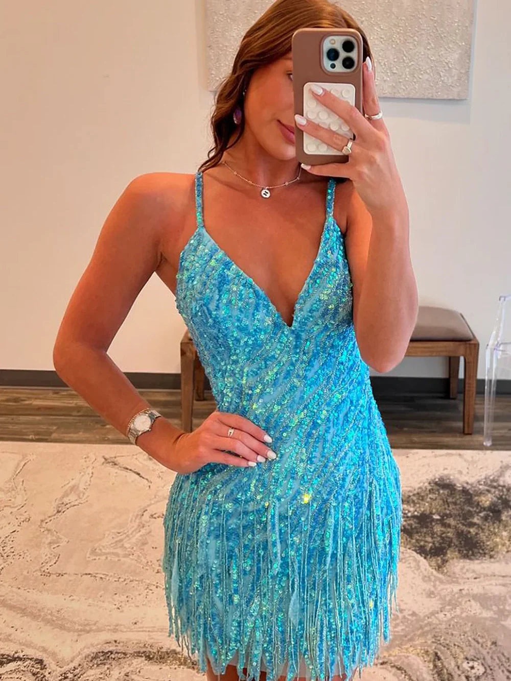 Sparkly Sheath Spaghetti Straps Orange Sequins Short Homecoming Dress with Tassel