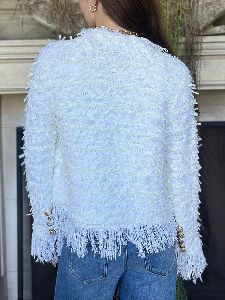 Fringe Trim Gold Button Tweed Jacket
