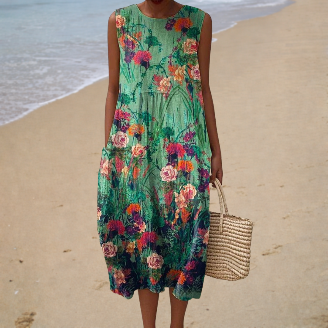 Floral Print Round Neck Sleeveless Pocket Midi Dress Summer