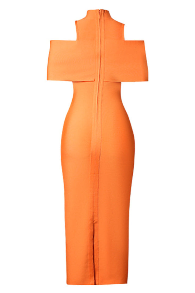 Mock Neck Cold Shoulder Cape Overlay Bandage Bodycon Midi Dress 14