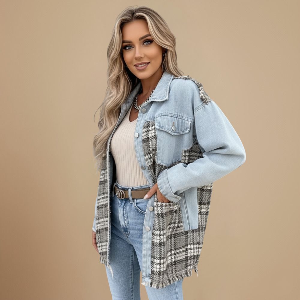Denim Jacket with Plaid Patchwork and Button Closure
