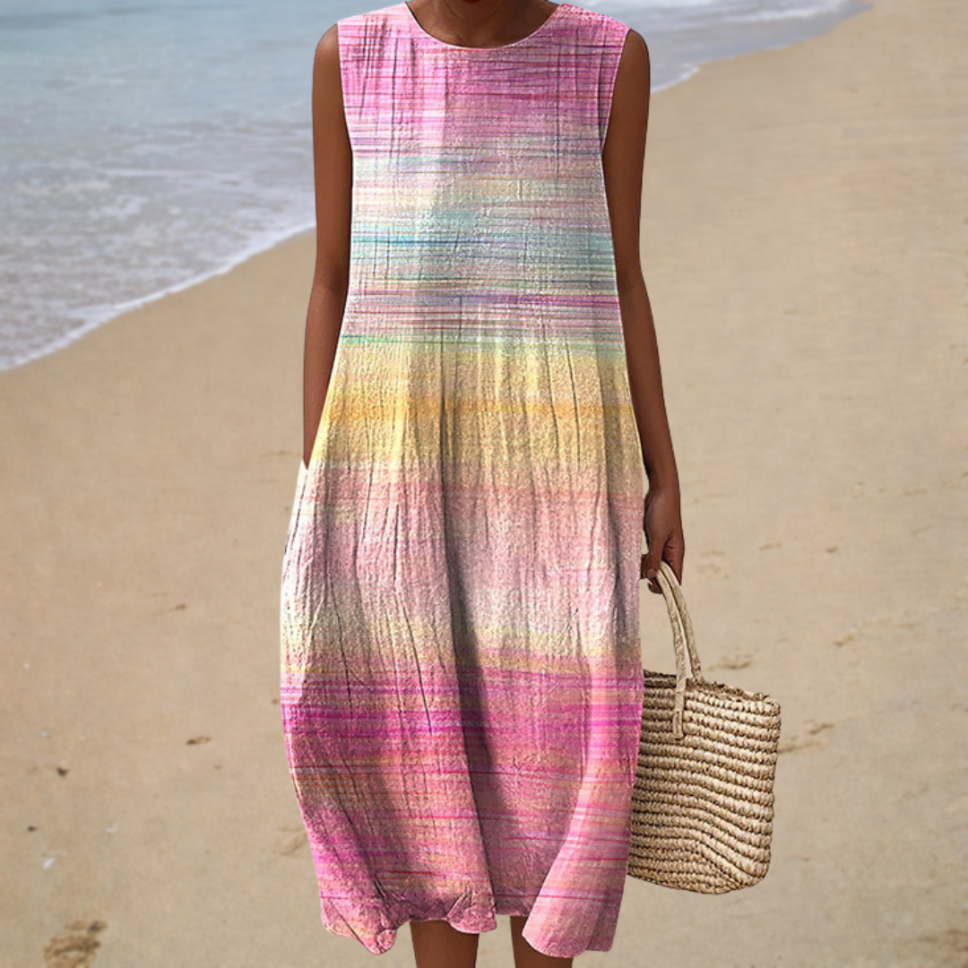 Striped Round Neck Sleeveless Pocket Midi Dress Summer