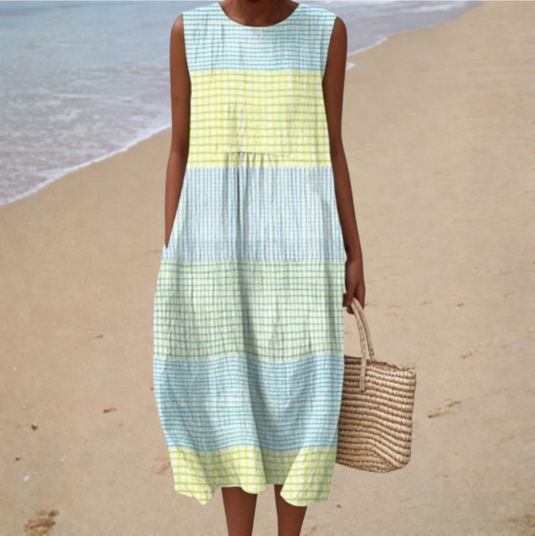 Gingham Check Round Neck Sleeveless Tiered Midi Dress