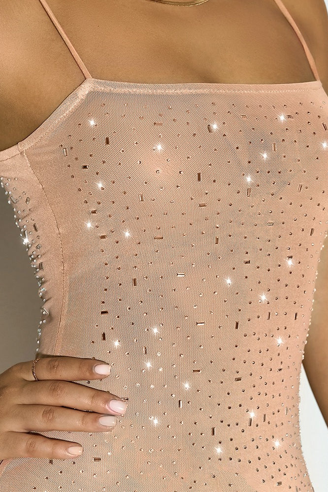 Sheer Mesh Rhinestone Spaghetti Strap Bodycon Dress 4