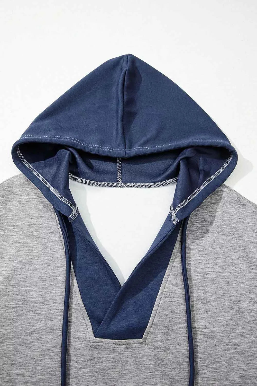Color Block Patchwork V Neck Drawstring Hoodie