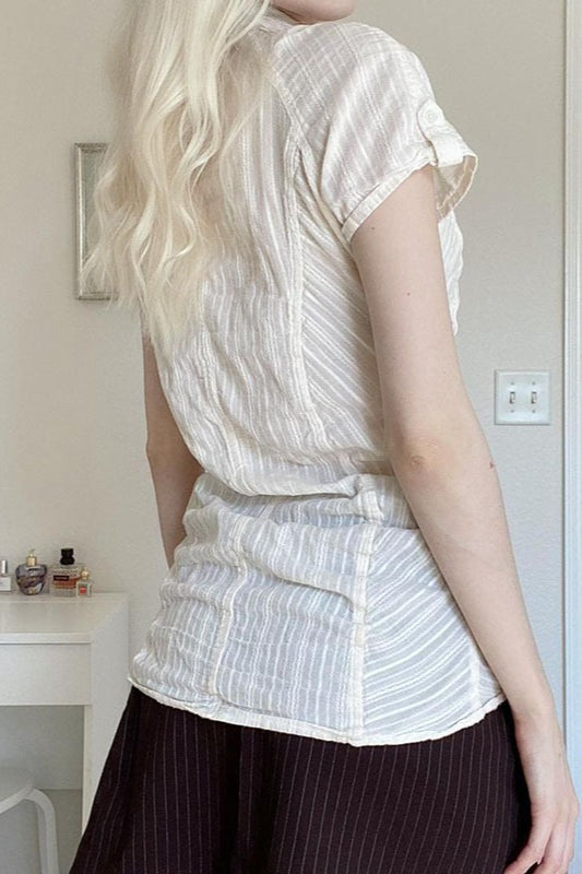 Collared Short Sleeve Ruched Button Front Textured Stripe Blouse 2