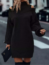 High Neck Cold Shoulder Long Sleeve Sweater Mini Dress 4