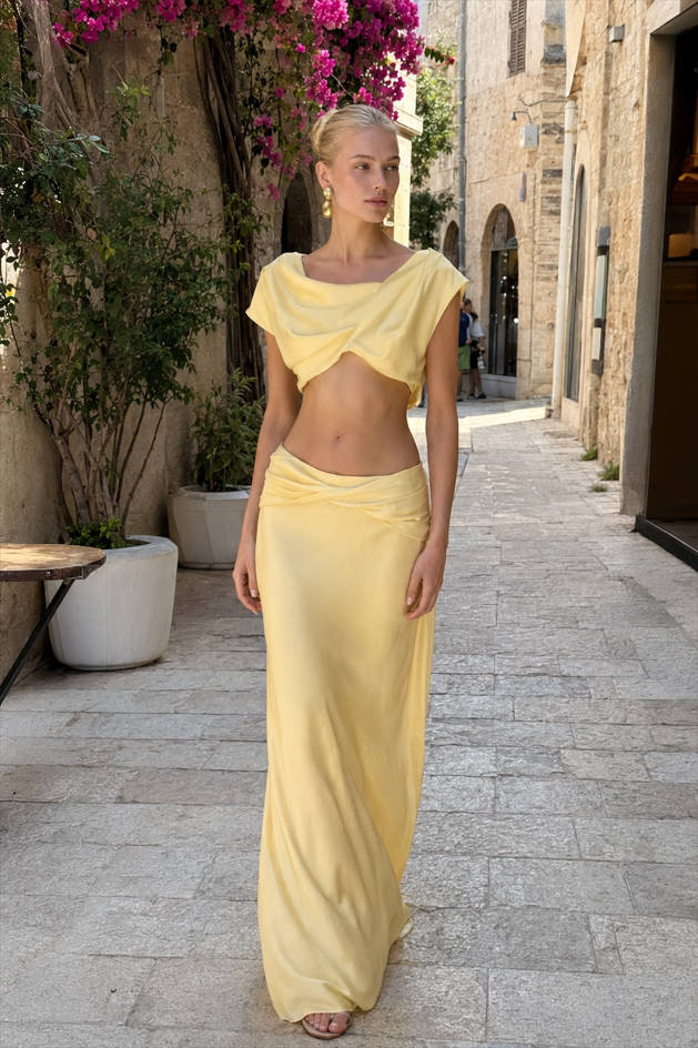 Satin Draped Cowl Neck Crop Top and Ruched Maxi Skirt Two Piece Set 2