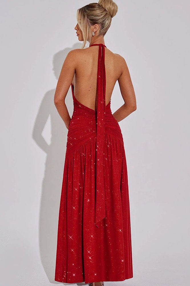 Glitter Halter Neck Plunge Ruched High Split Maxi Dress
