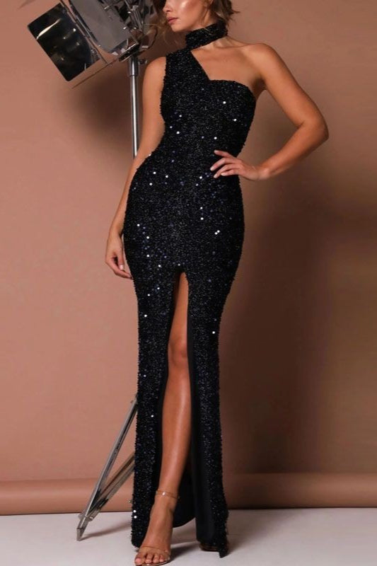 Sequin One Shoulder Choker Neck High Split Bodycon Maxi Gown