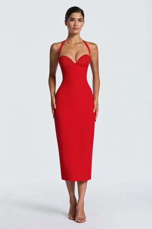 Solid Halter Neck Tie Back Midi Party Dress