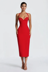 Solid Halter Neck Tie Back Midi Party Dress