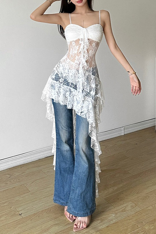 Sheer Floral Lace Spaghetti Strap Ruffle High Low Dress 4