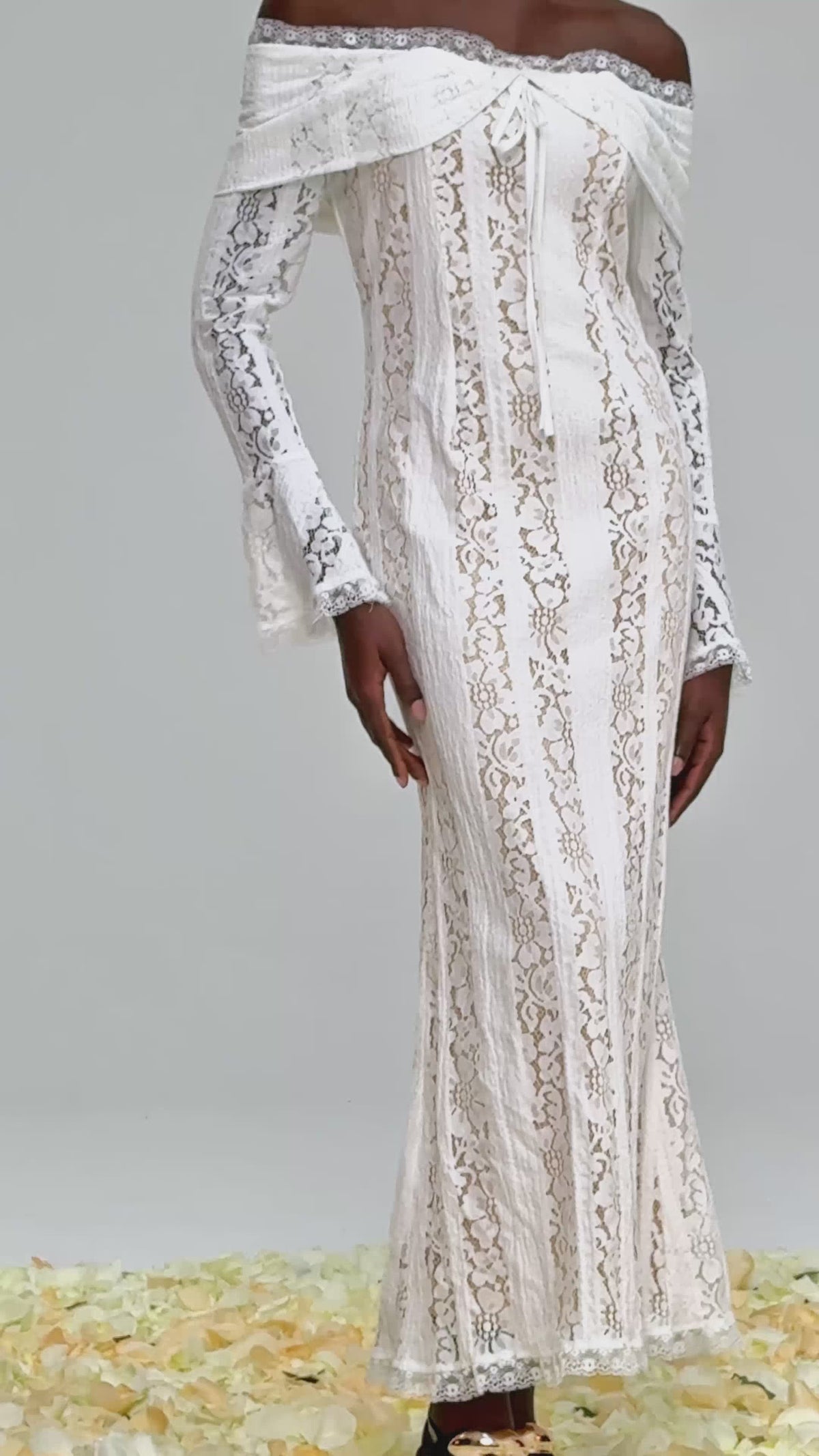 Off Shoulder Long Sleeve Tie Front Lace Panel Fishtail Maxi Gown 7