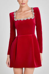 Endless Celebration Velvet Jewel Embellished Trim Mini Dress - View 10