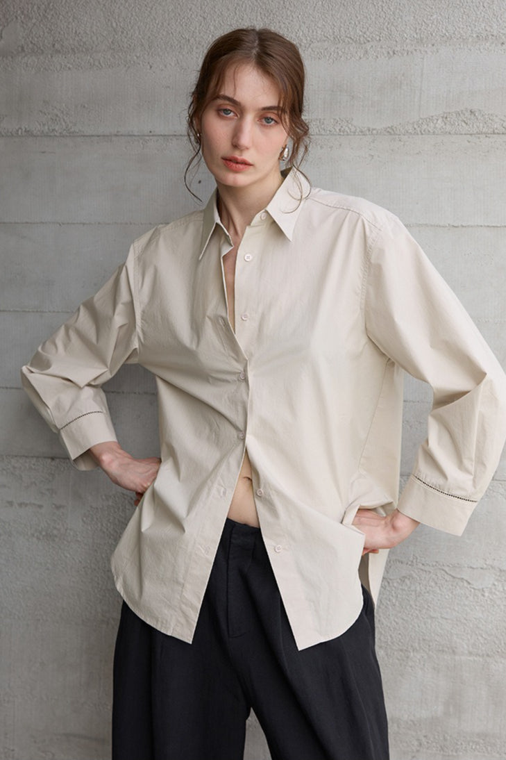 Collared Long Sleeve Curved Hem Relaxed Button Front Shirt 7