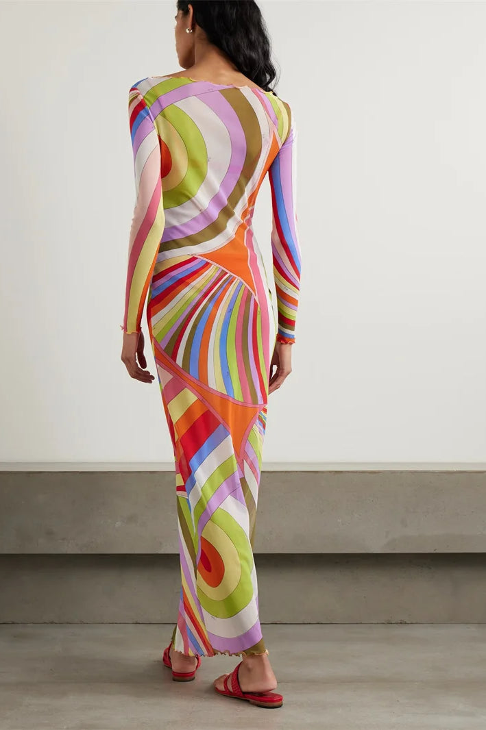 Striped Print Mesh See Through Patchwork Maxi Dress 4