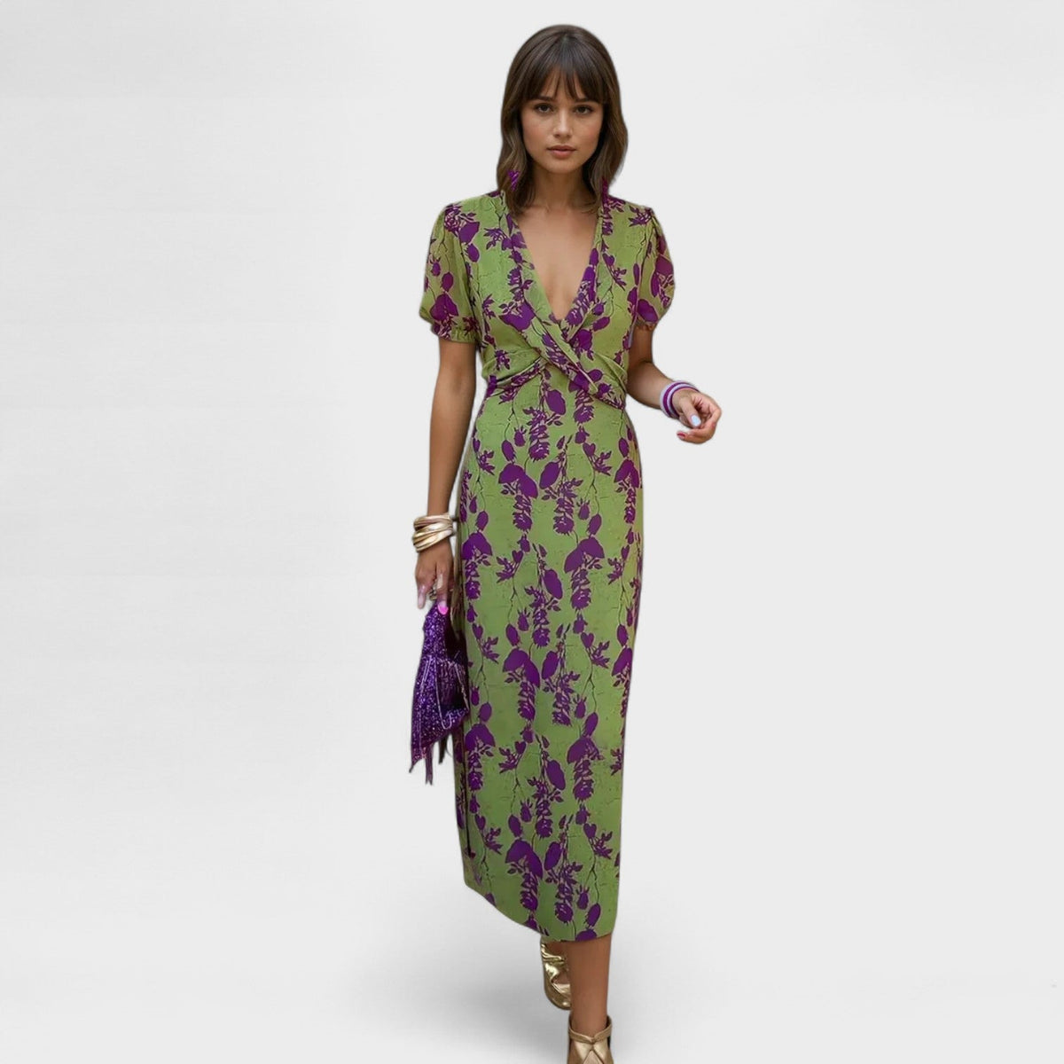 Floral V-Neck Puff Sleeve Twist Front Midi Dress