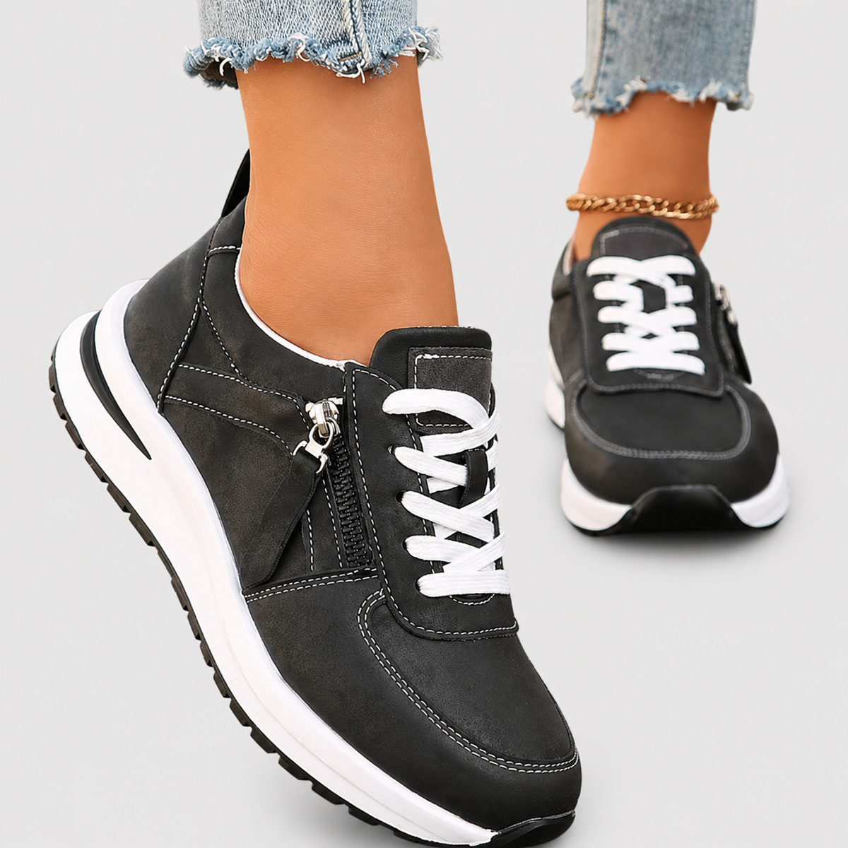 Lace Up Side Zip Suede-Look Platform Sneakers